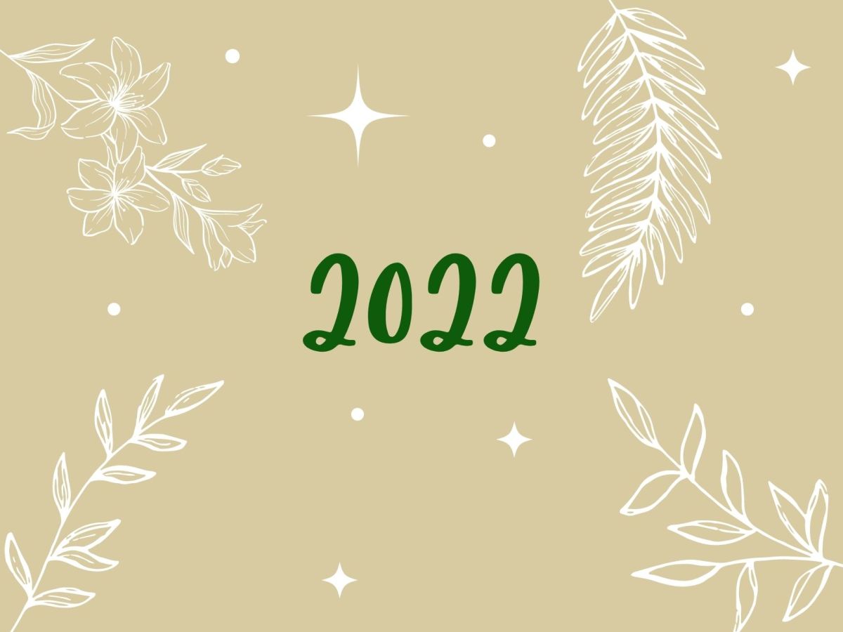 The outline of white leaves against a beige background, surrounding the word '2022'.